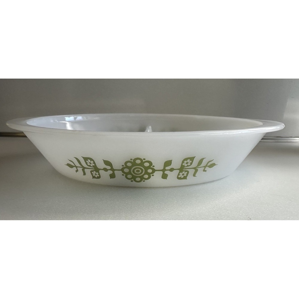 Vintage Glasbake J2352 Divided Casserole Dish Crazy Daisy Green Oval 1 1/2 quart